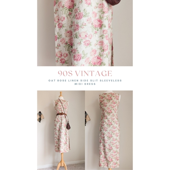 90s Oat Rose Linen Blend 1990s Vintage Romantic Cottagecore Side Slit Midi Dress - Picture 4 of 16